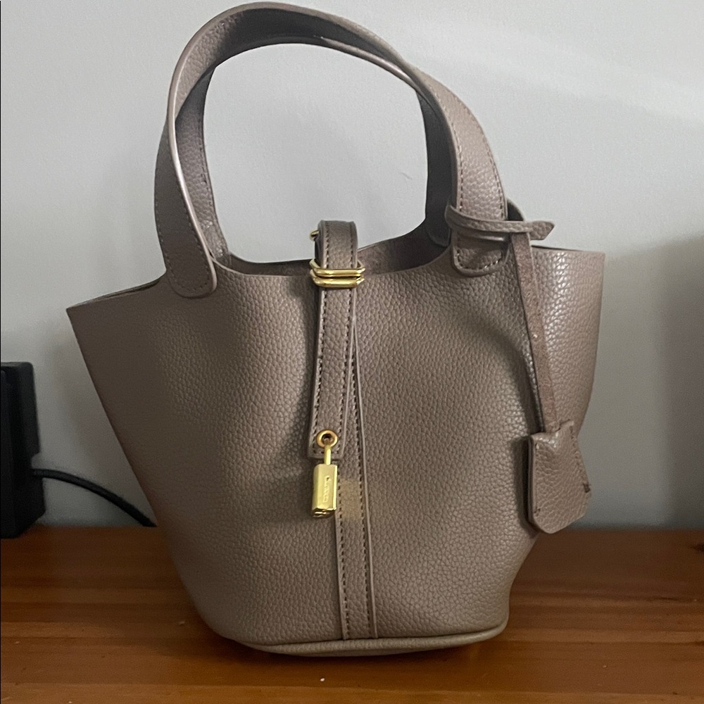 Elegant Vegan Leather Taupe Leather Handbag with Lock
